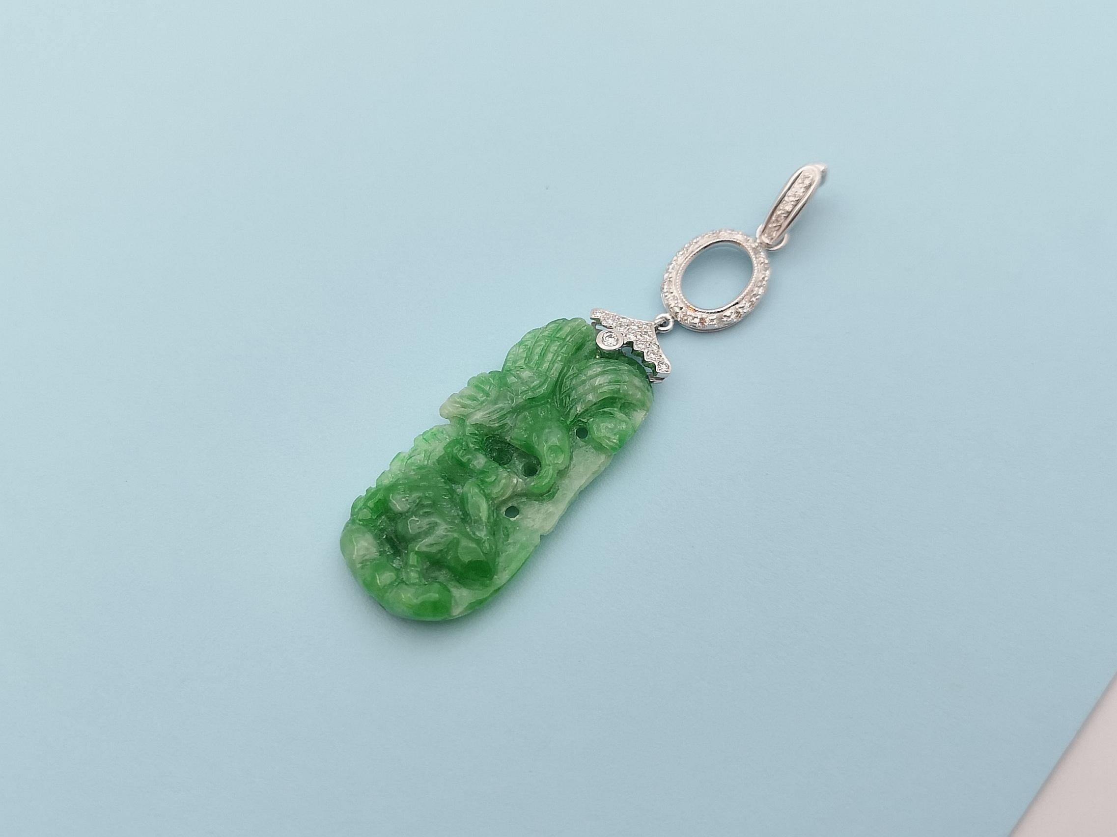 Mixed Cut Carved Jade with Diamond Pendant Set in 18 Karat White Gold Settings For Sale
