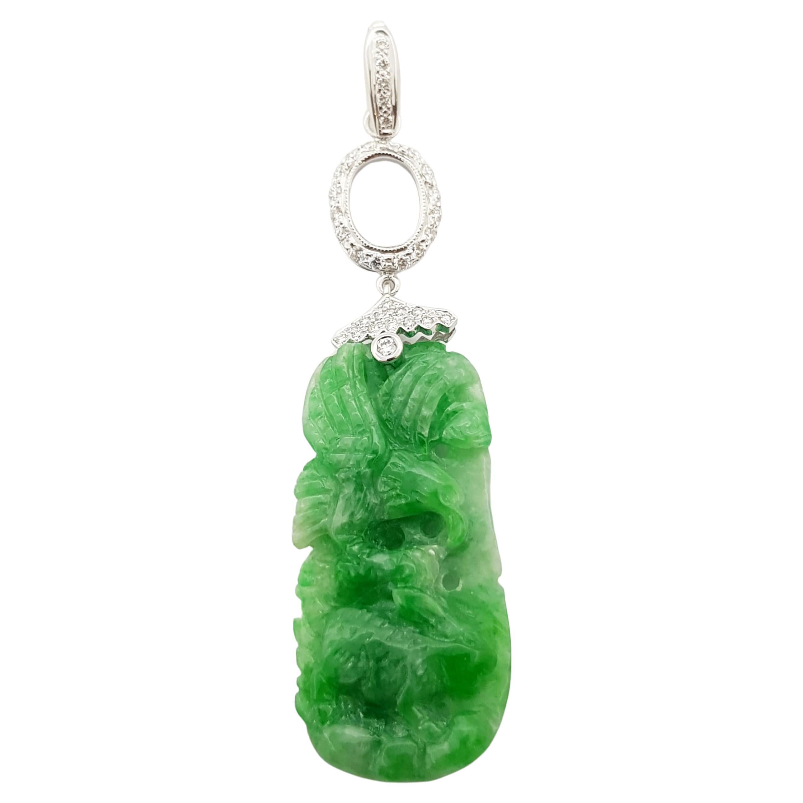 Carved Jade with Diamond Pendant Set in 18 Karat White Gold Settings For Sale