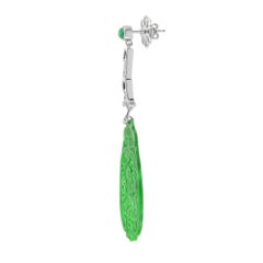Carved Jade with Emerald Onyx Diamond Dangle Earrings in 14k White Gold