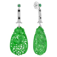 Carved Jade with Emerald Onyx Diamond Dangle Earrings in 14k White Gold