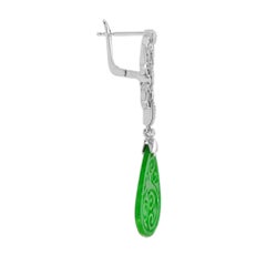 Carved Jade with Onyx Diamond Art Deco Style Dangle Earrings in 14k White Gold