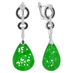 Carved Jade with Onyx Diamond Art Deco Style Dangle Earrings in 14k White Gold