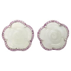 Carved Jade with Pink Sapphire Earrings set in 18K White Gold Settings