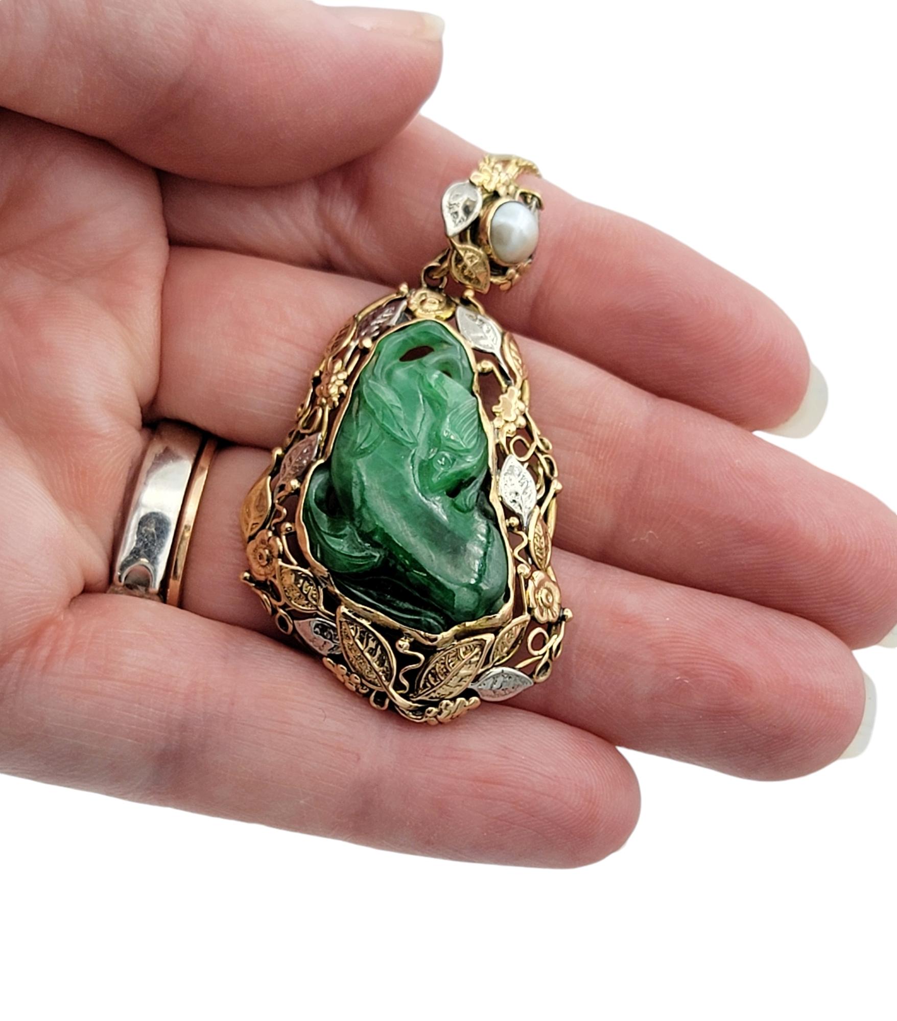 Carved Jadeite and Akoya Pearl Leaf Design 20
