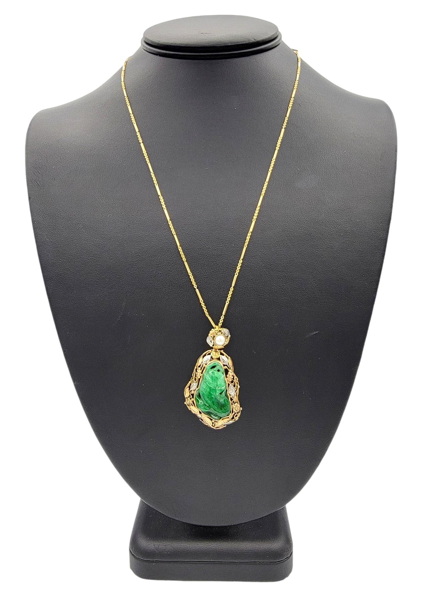 Carved Jadeite and Akoya Pearl Leaf Design 20