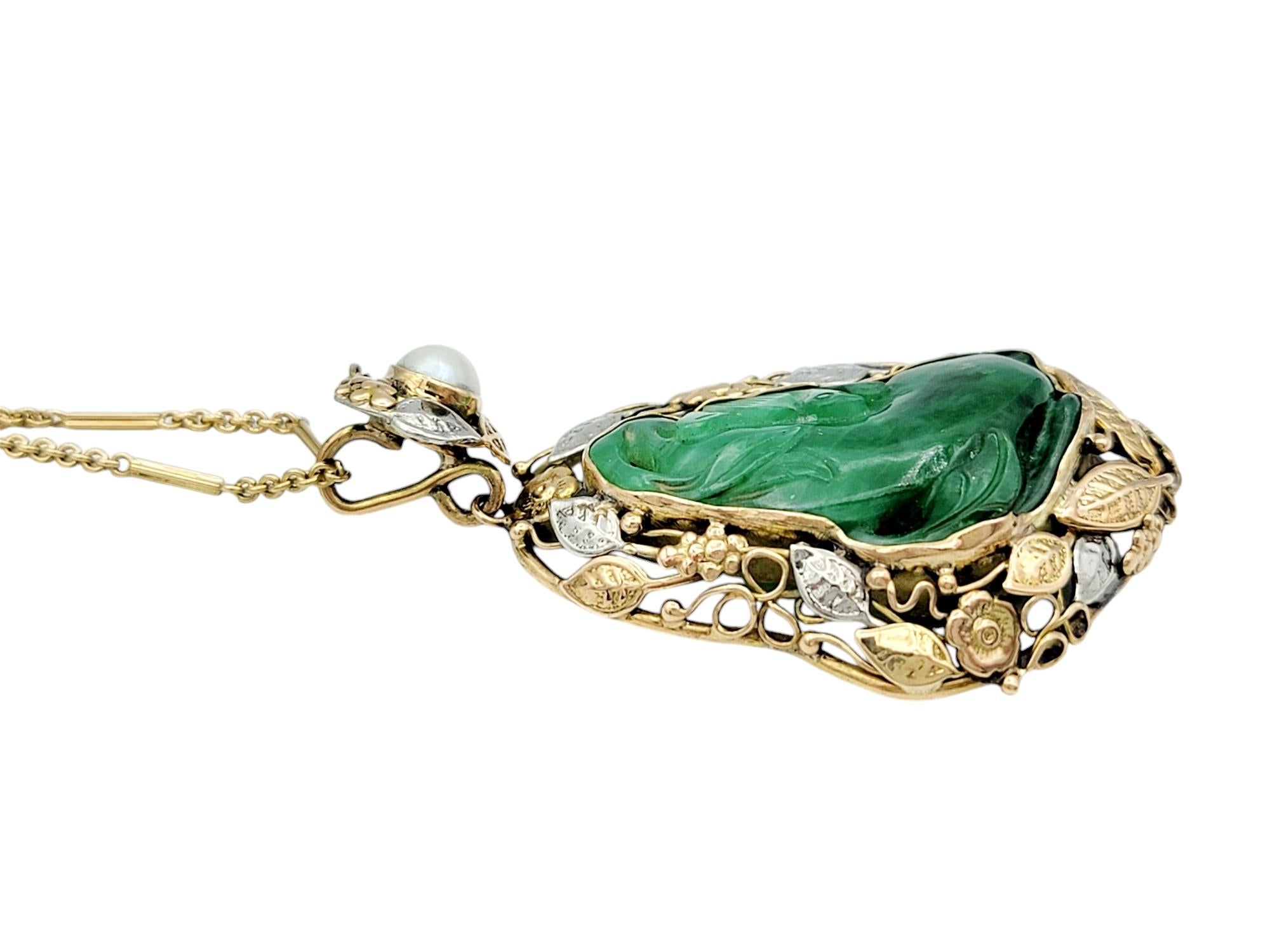 Carved Jadeite and Akoya Pearl Leaf Design 20