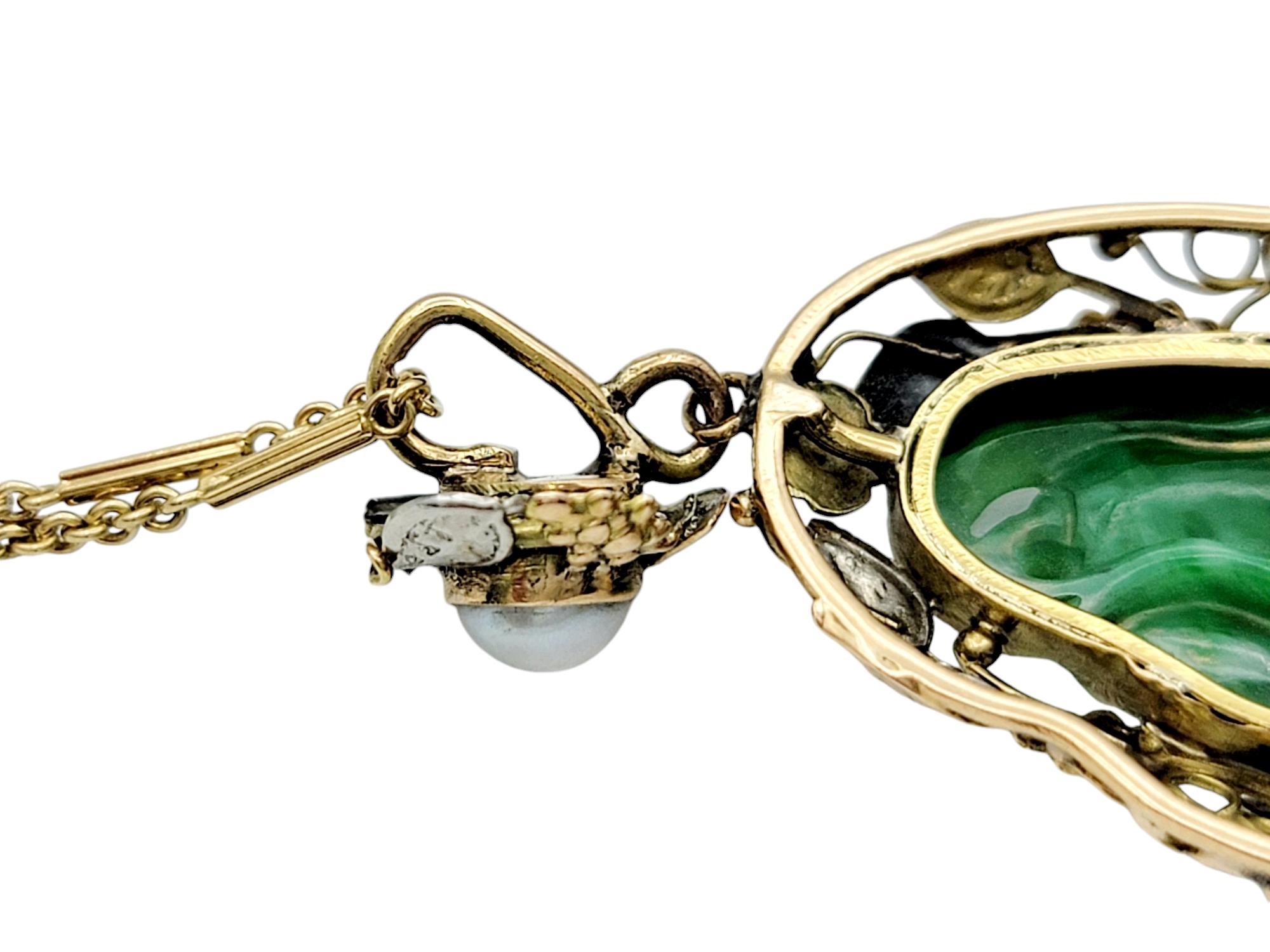 Women's Carved Jadeite and Akoya Pearl Leaf Design 20