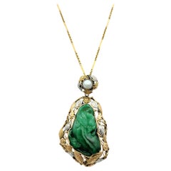 Carved Jadeite and Akoya Pearl Leaf Design 20" Pendant Necklace in 14 Karat Gold
