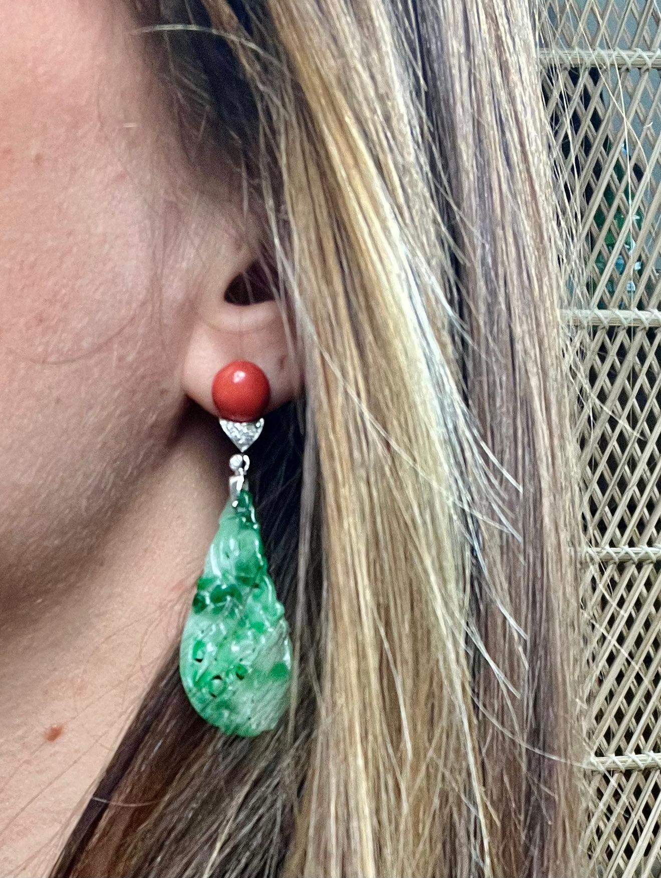 Round Cut Carved Jadeite, Coral and Diamond Earrings in 18 Karat Gold