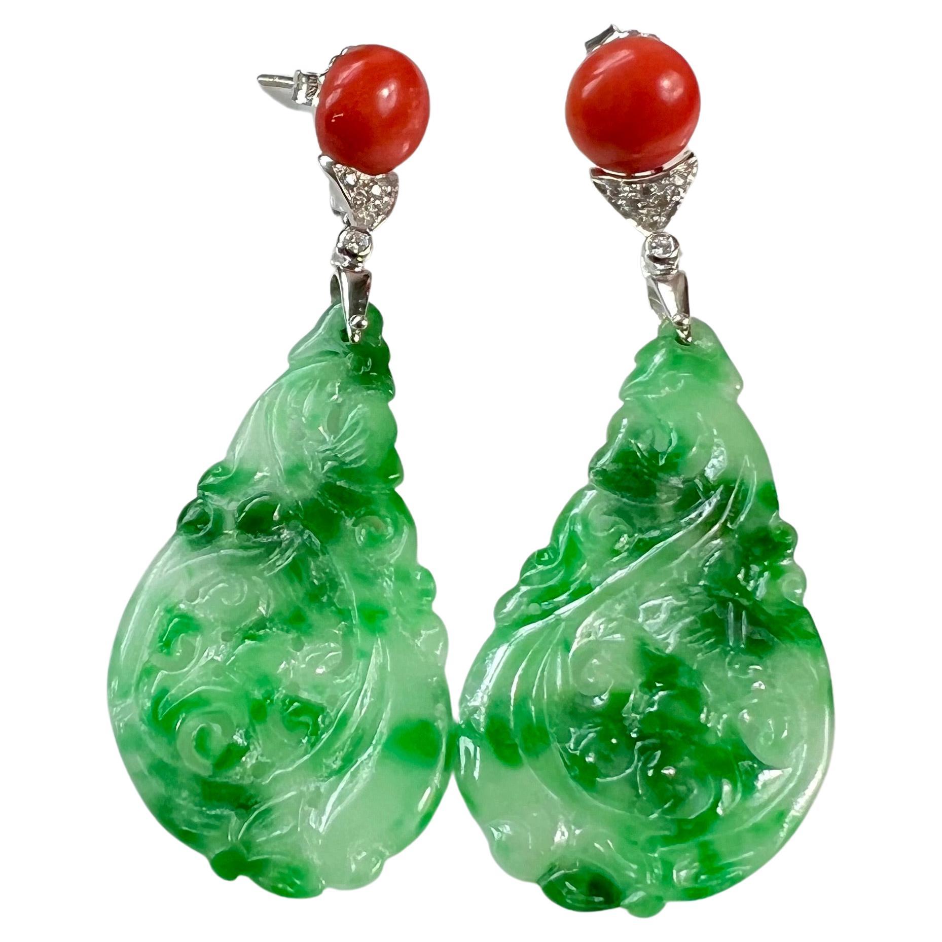 Carved Jadeite, Coral and Diamond Earrings in 18 Karat Gold