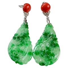 Used Carved Jadeite, Coral and Diamond Earrings in 18 Karat Gold