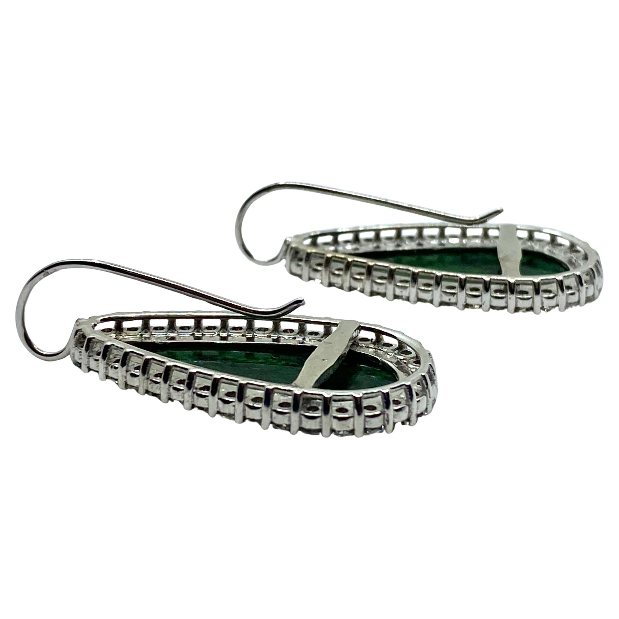 Women's Carved Jadeite Diamond Earrings 18k White Gold For Sale