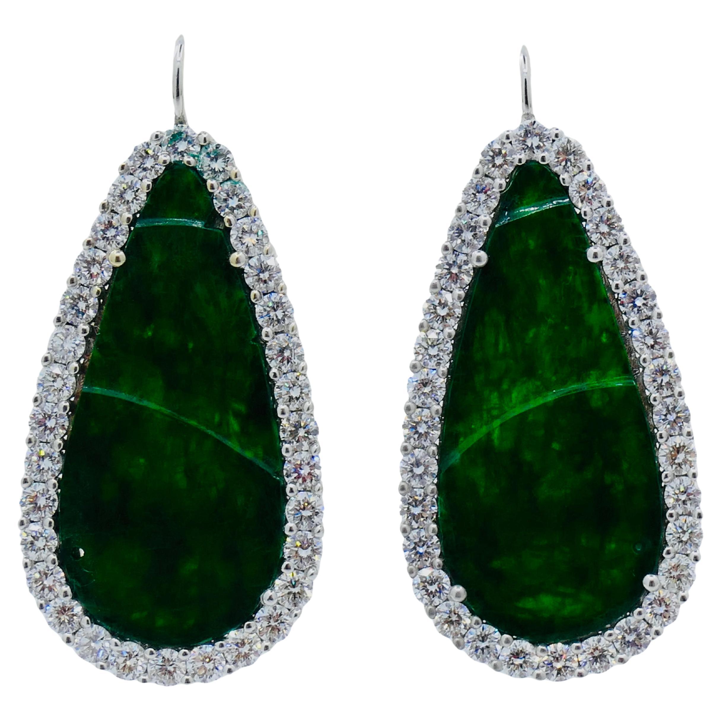 Carved Jadeite Diamond Earrings 18k White Gold For Sale 1