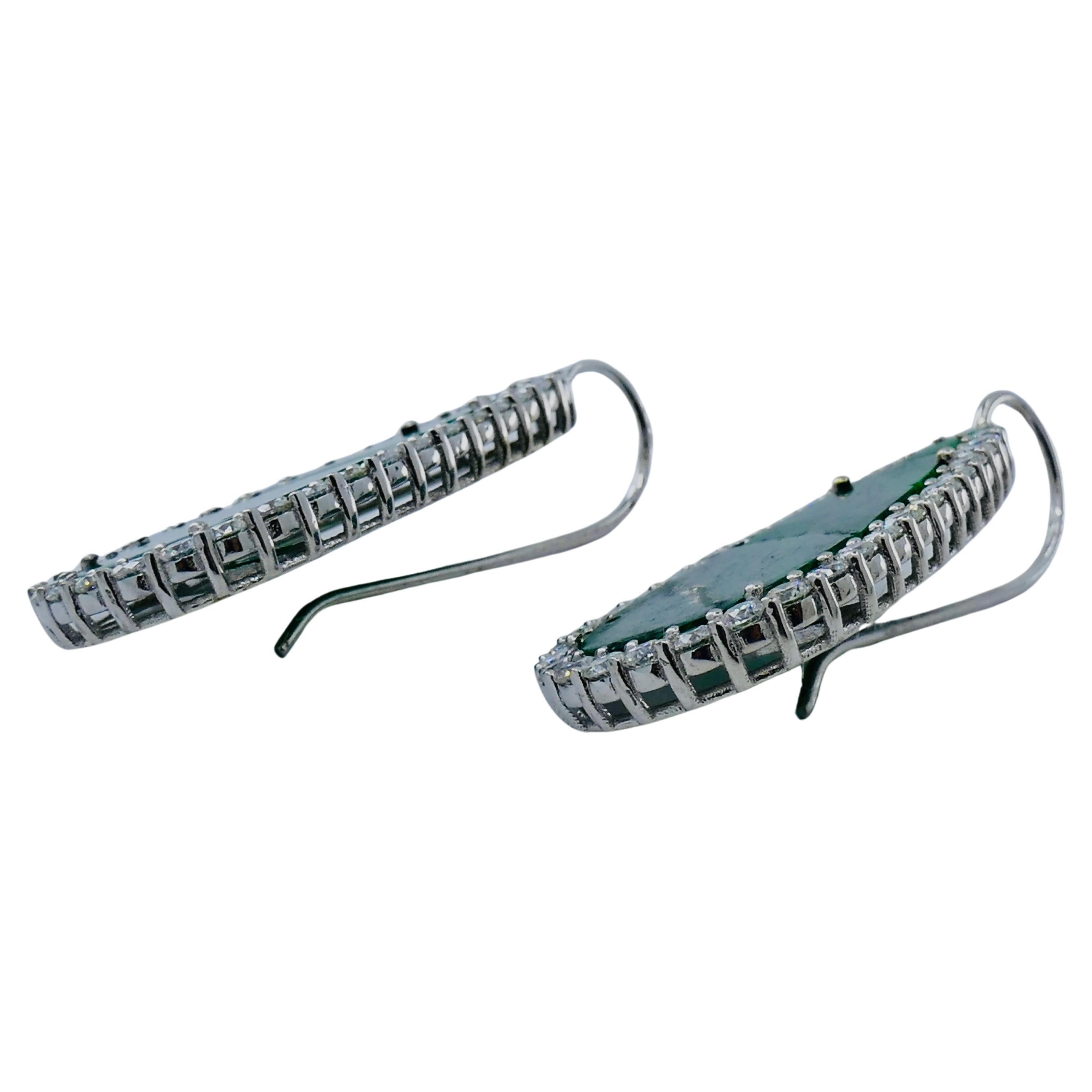Carved Jadeite Diamond Earrings 18k White Gold For Sale 2