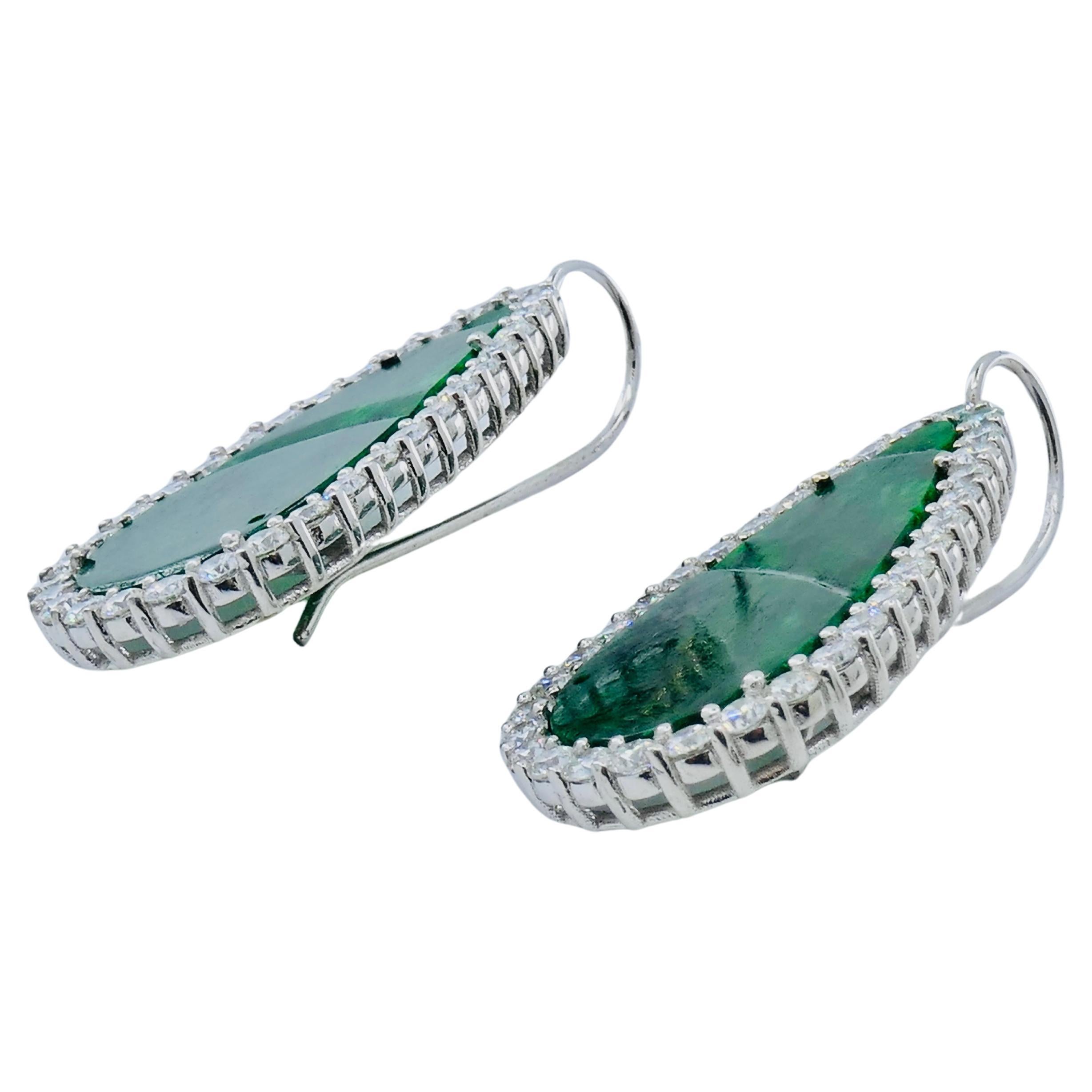 Carved Jadeite Diamond Earrings 18k White Gold For Sale 4