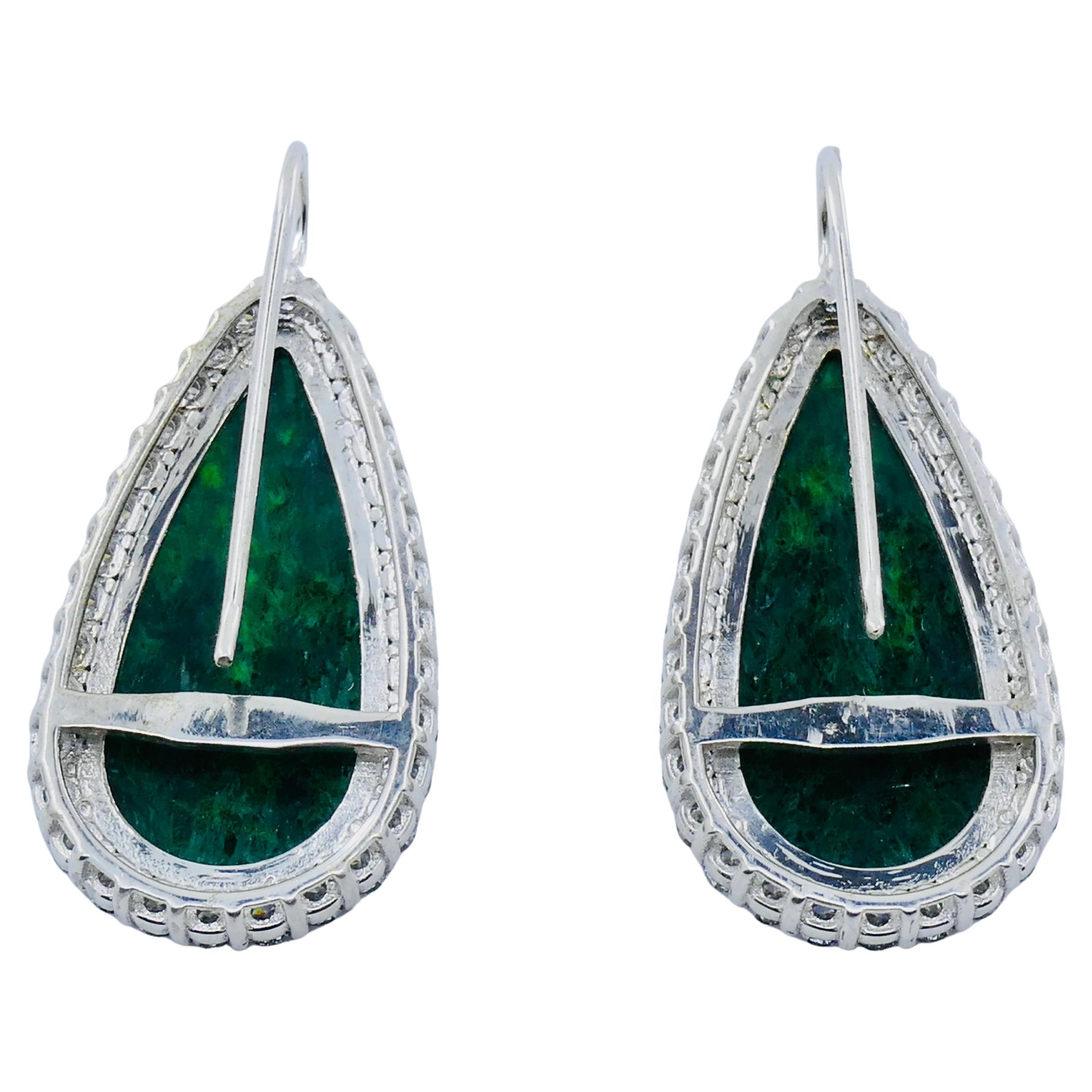Carved Jadeite Diamond Earrings 18k White Gold For Sale 5