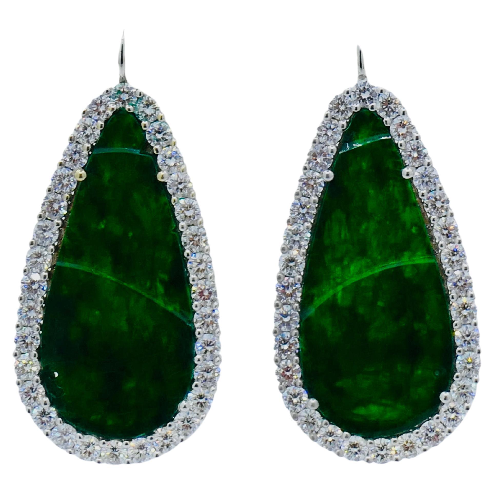 Carved Jadeite Diamond Earrings 18k White Gold
