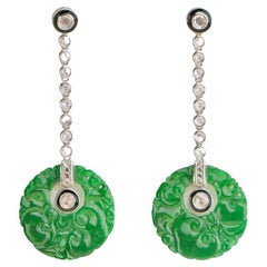 Carved Jadeite Diamond Onyx 18K White Gold Drop Earrings