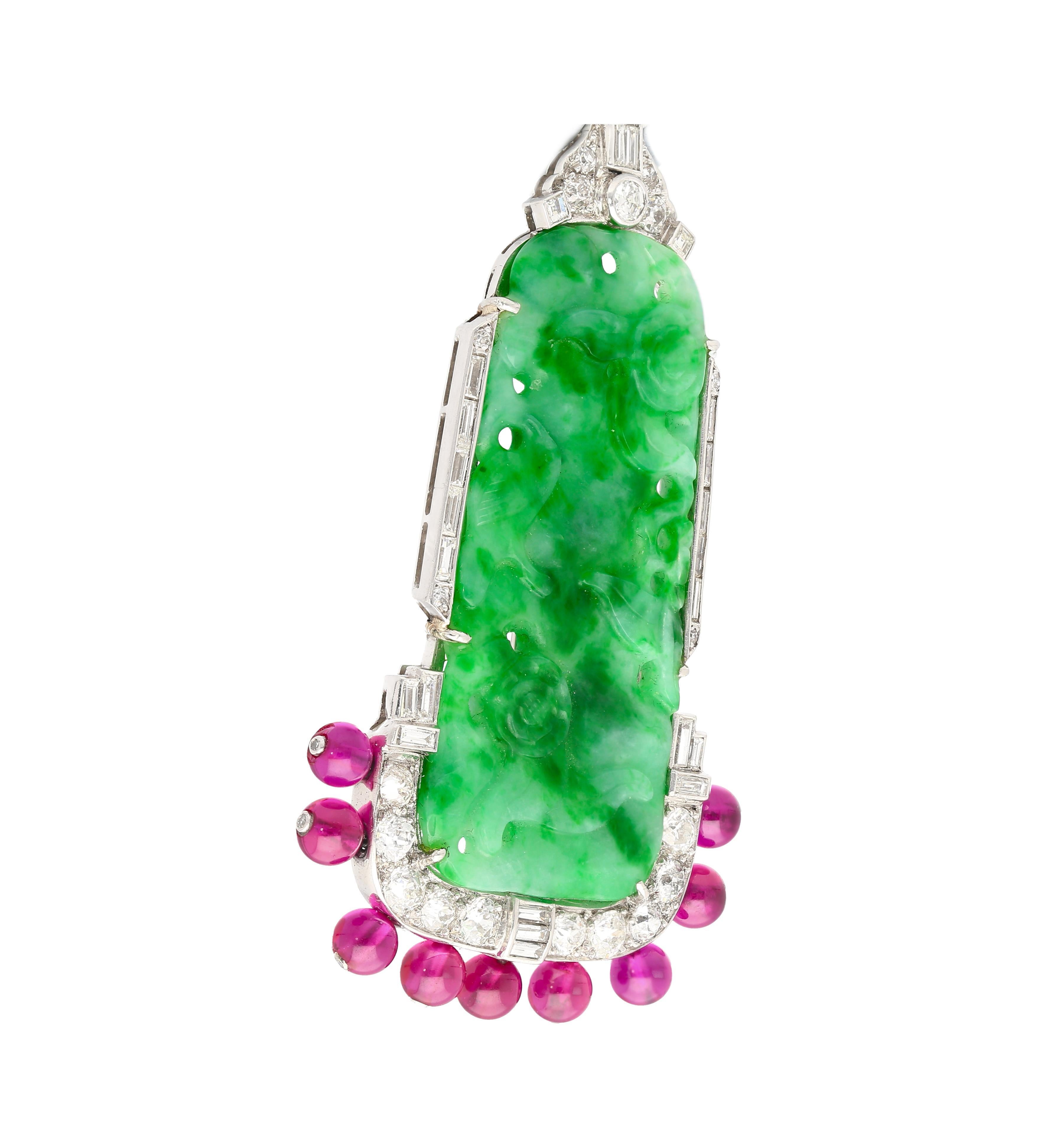 Contemporary Carved Jadeite Jade & Diamond Pin and Synthetic Dangling Ruby Bead Platinum Pin For Sale