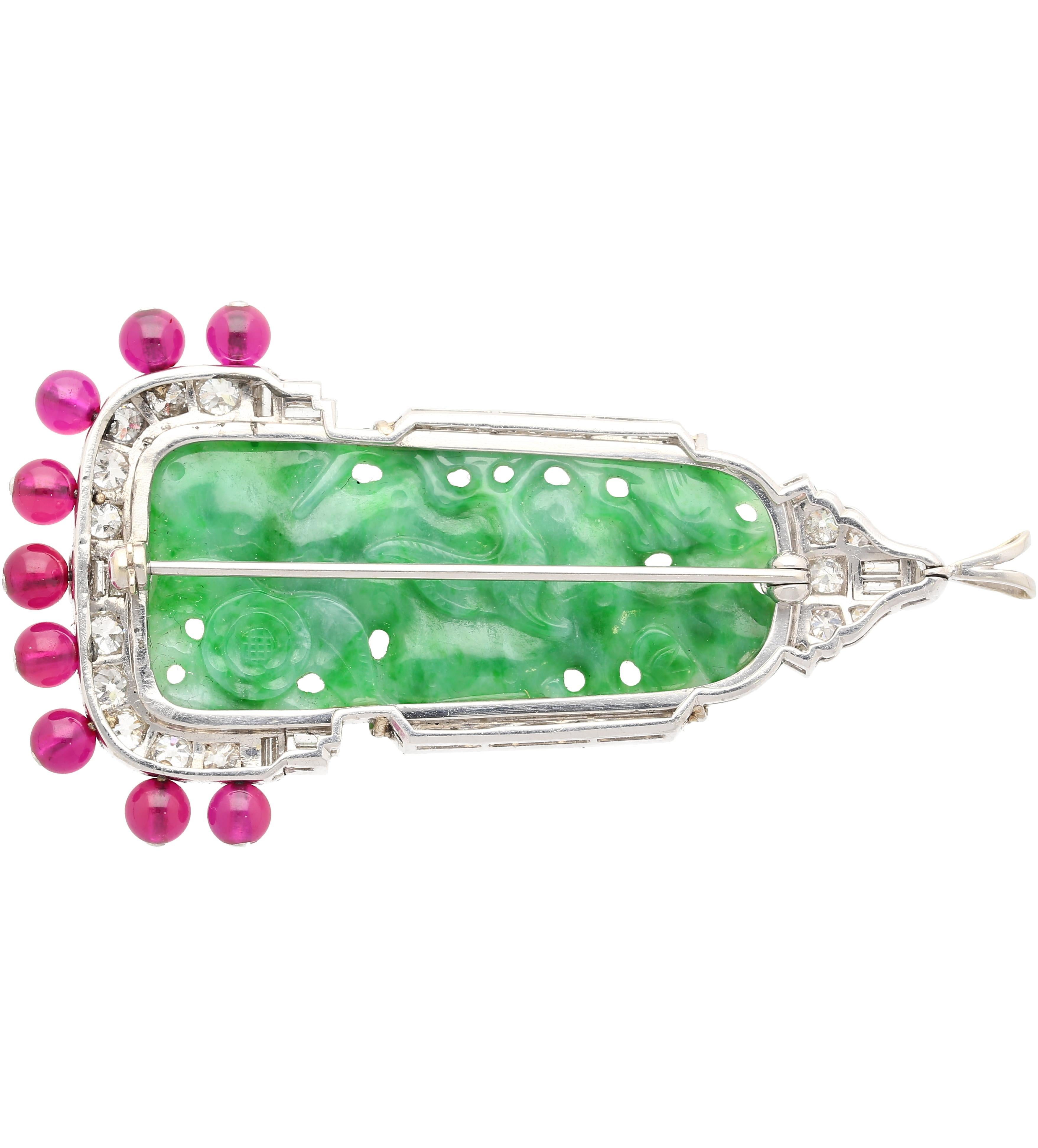 Baguette Cut Carved Jadeite Jade & Diamond Pin and Synthetic Dangling Ruby Bead Platinum Pin For Sale