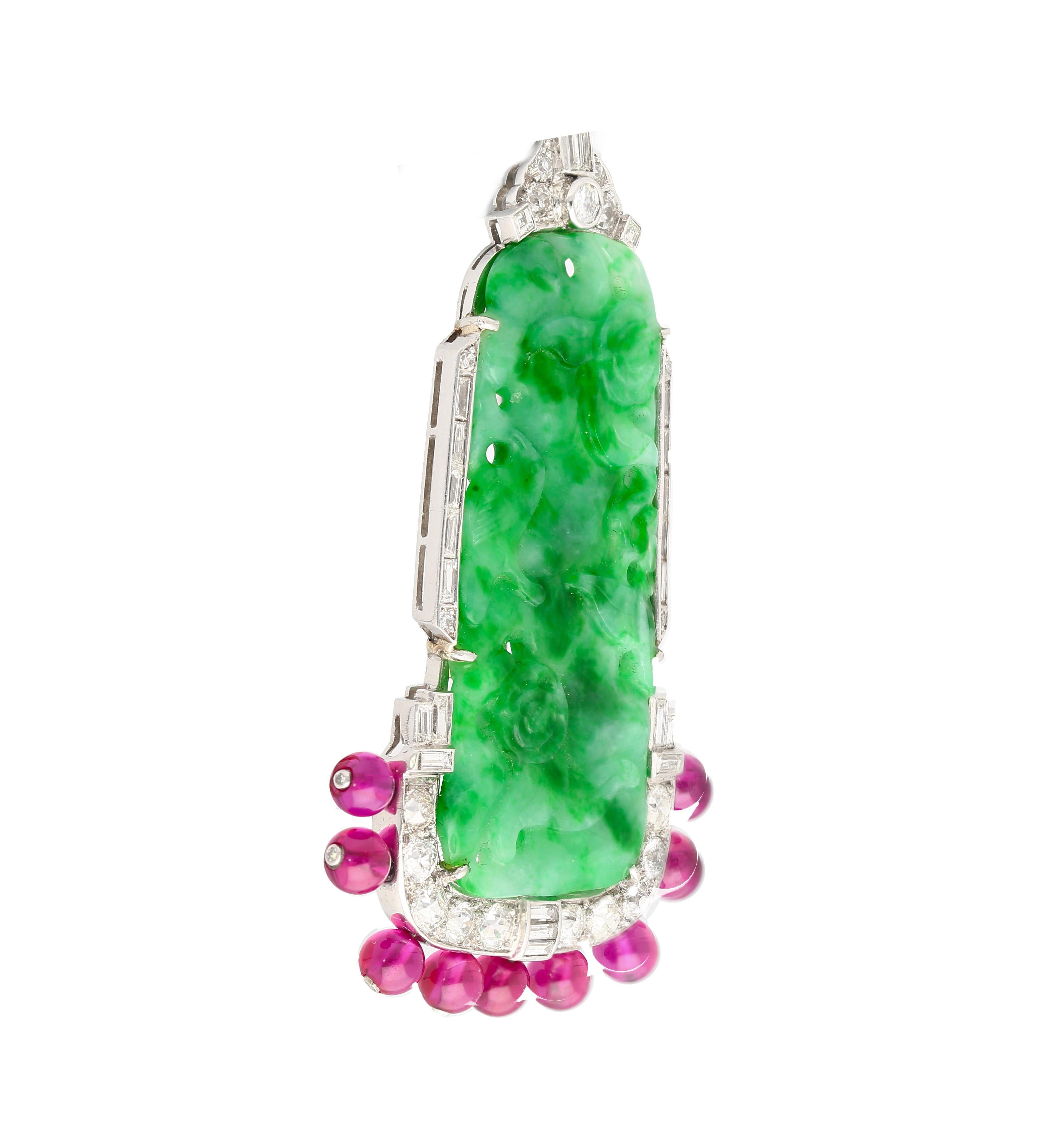 Carved Jadeite Jade & Diamond Pin and Synthetic Dangling Ruby Bead Platinum Pin In New Condition For Sale In Miami, FL