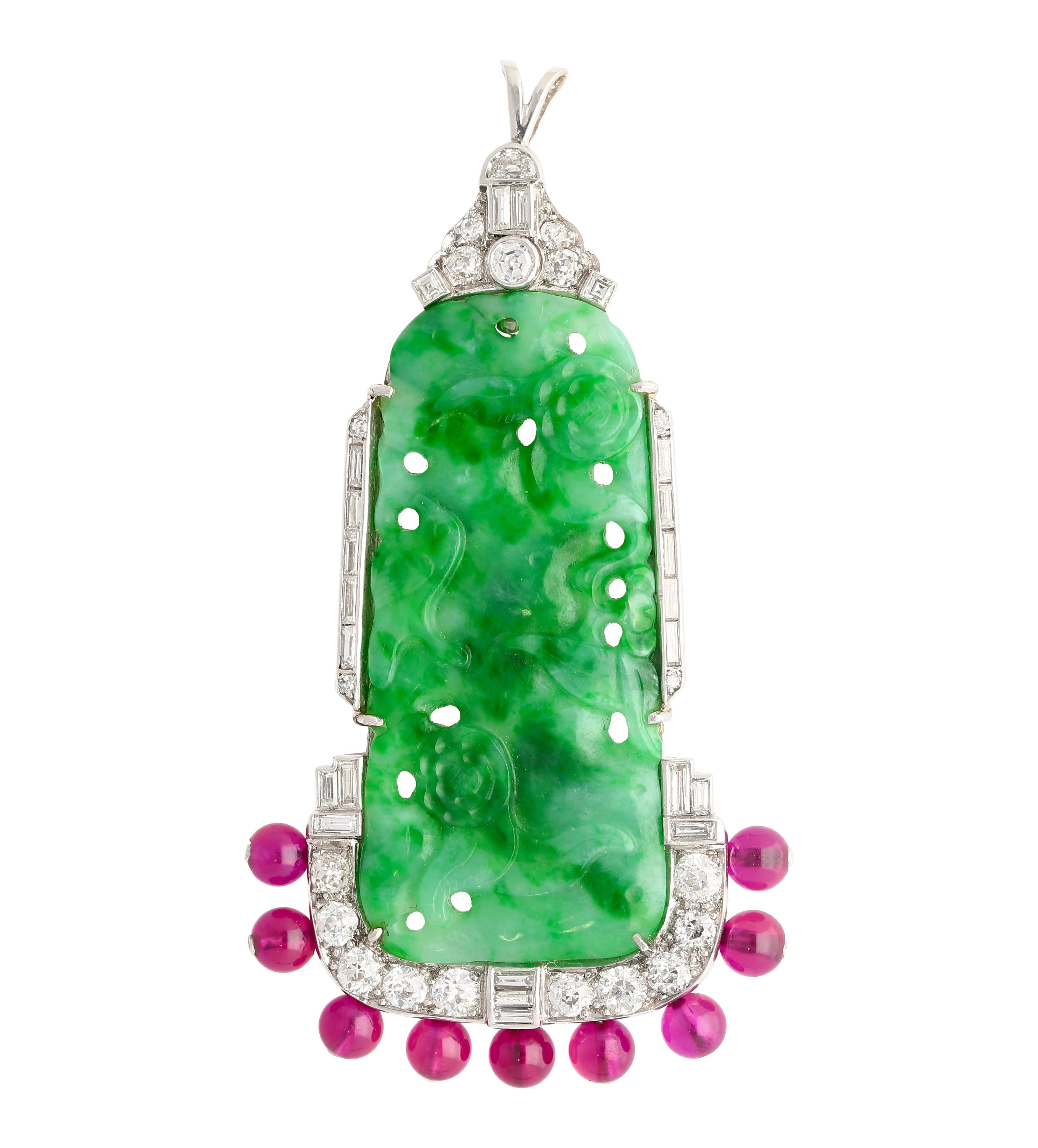 Women's Carved Jadeite Jade & Diamond Pin and Synthetic Dangling Ruby Bead Platinum Pin For Sale