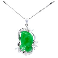 Carved Jadeite Jade Diamond Platinum Pendant Necklace