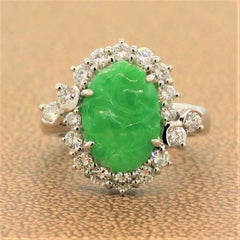 Carved Jadeite Jade Diamond Platinum Ring