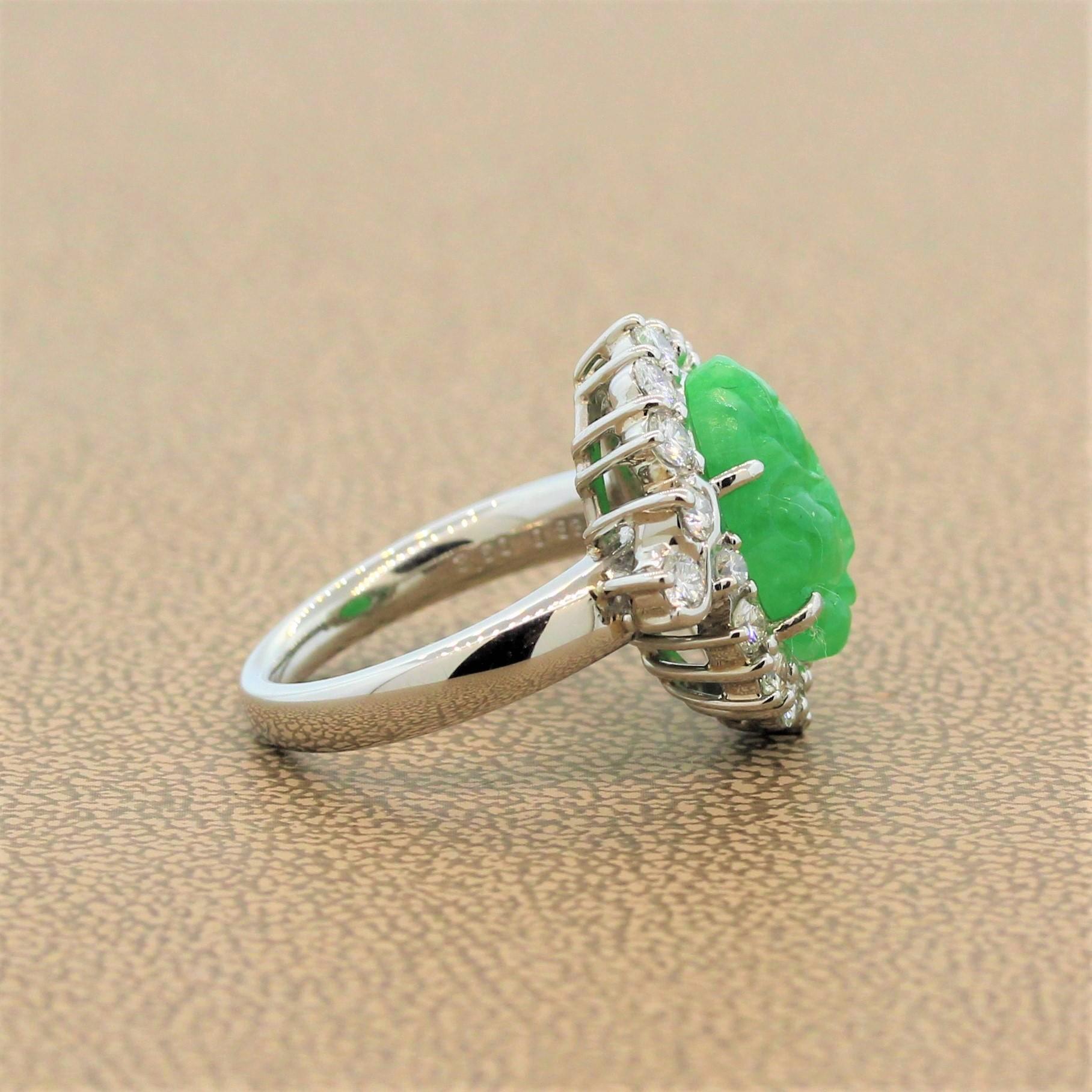 Women's Carved Jadeite Jade Diamond Platinum Ring For Sale
