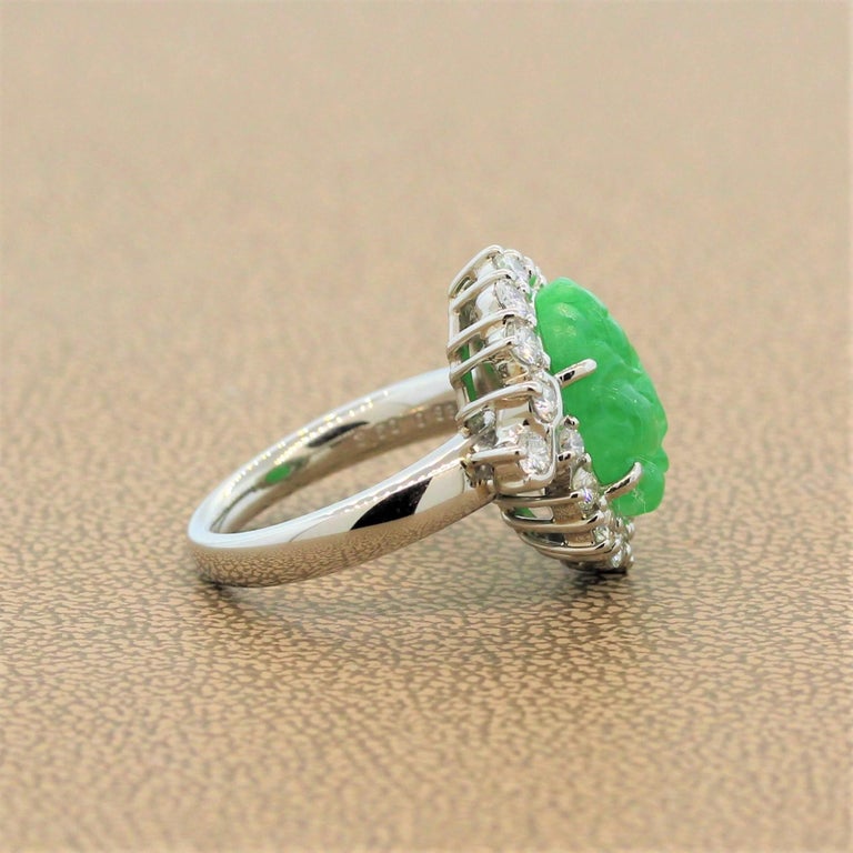 Carved Jadeite Jade Diamond Platinum Ring For Sale at 1stDibs