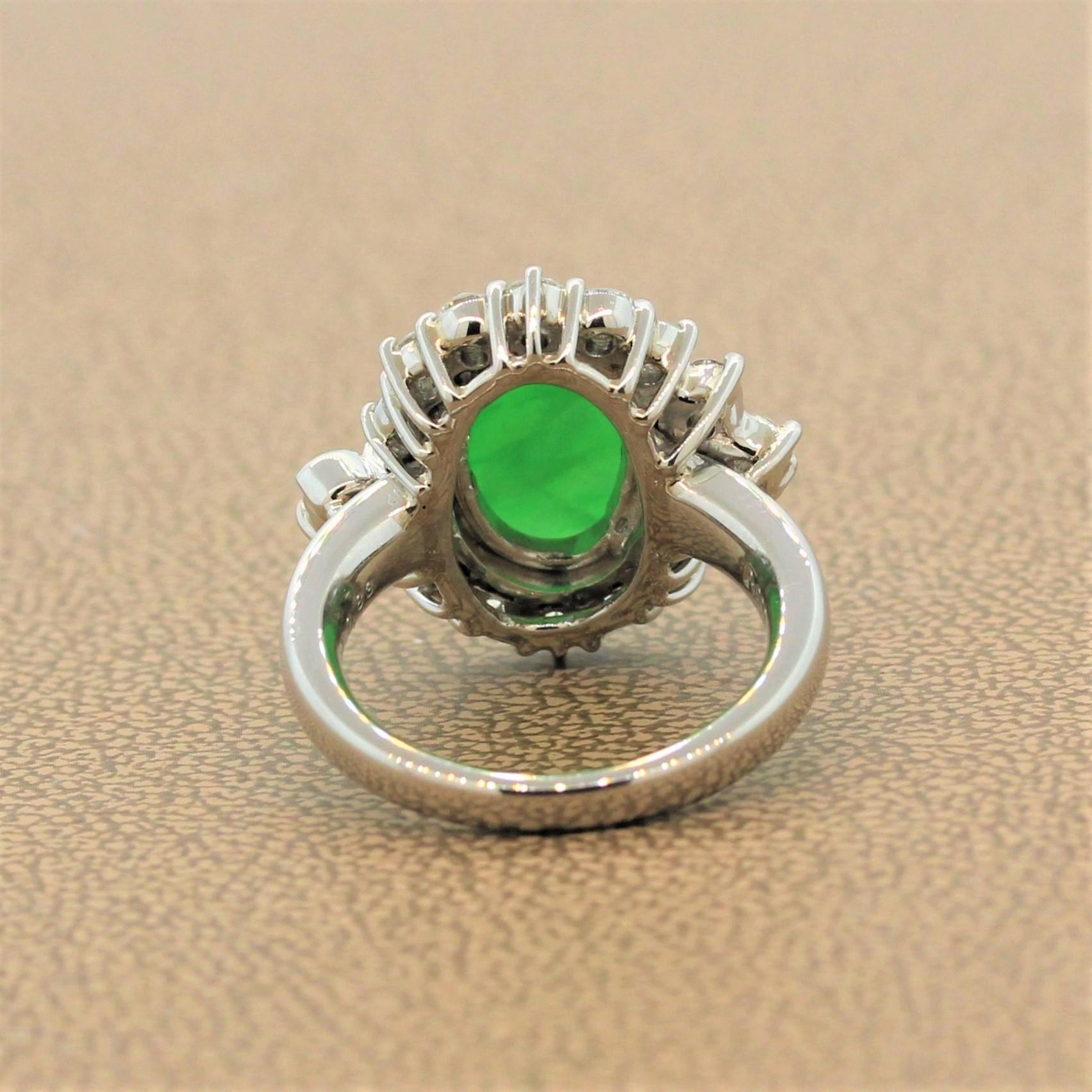 Carved Jadeite Jade Diamond Platinum Ring For Sale 1