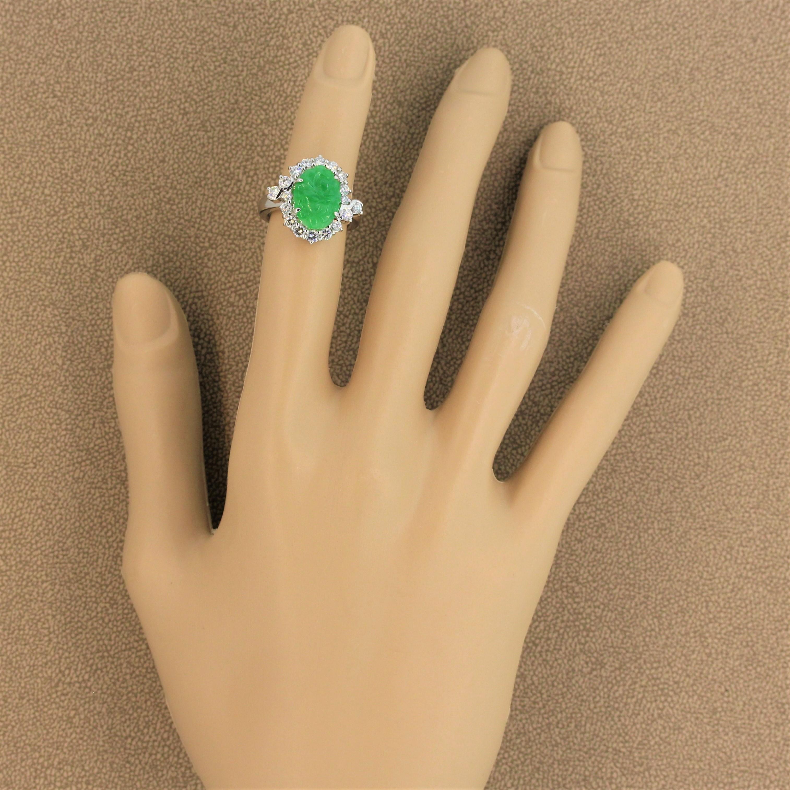 Carved Jadeite Jade Diamond Platinum Ring For Sale 2