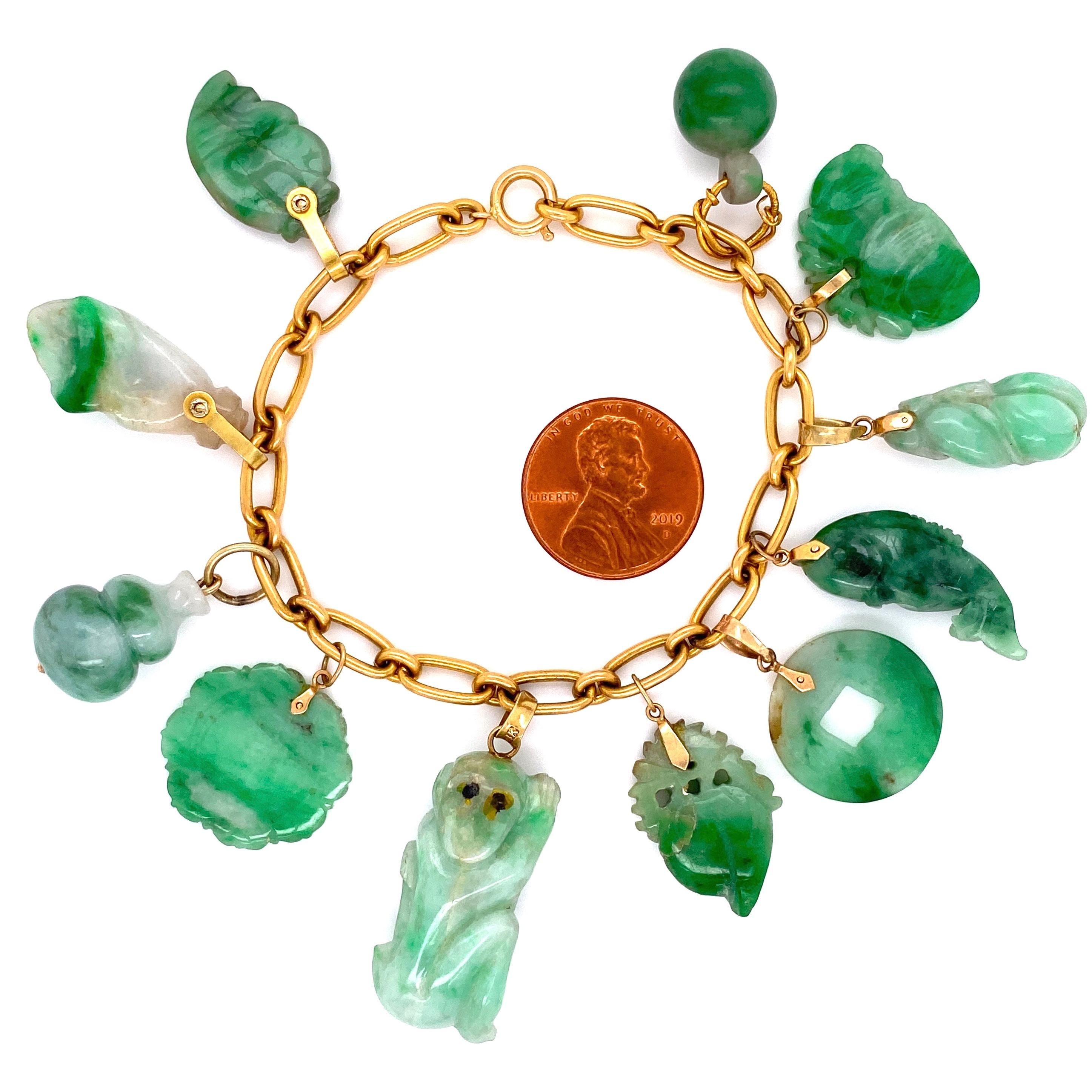 Artisan Carved Jadeite Jade Gold Link Charm Bracelet Estate Fine Jewelry