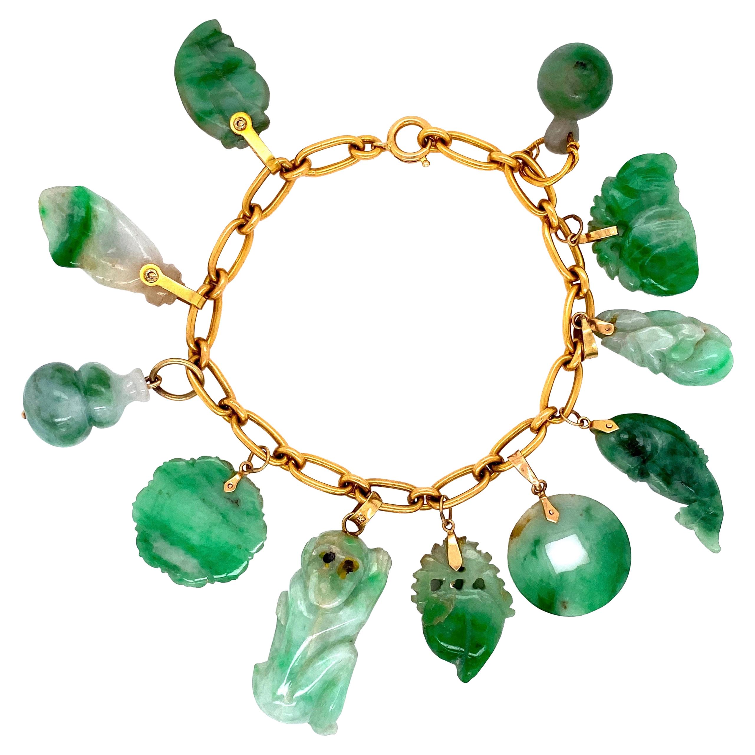 Carved Jadeite Jade Gold Link Charm Bracelet Estate Fine Jewelry