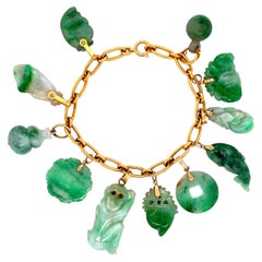 Carved Jadeite Jade Gold Link Charm Bracelet Estate Fine Jewelry