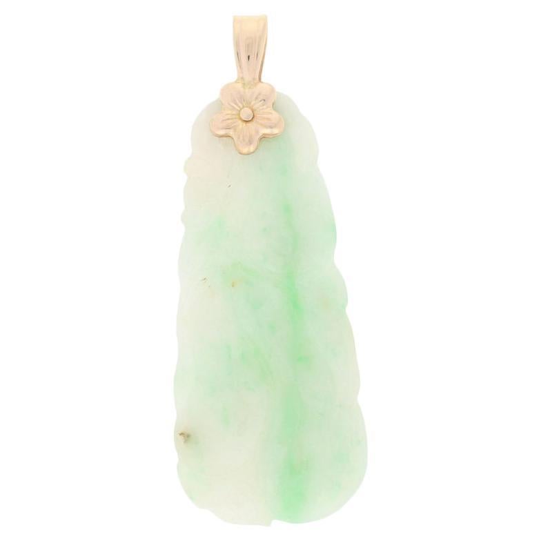 Carved Jadeite Pendant, 14k Yellow Gold Botanical Design