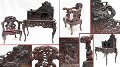 Carved Japanese Desk and Chair Set Bureau 1880