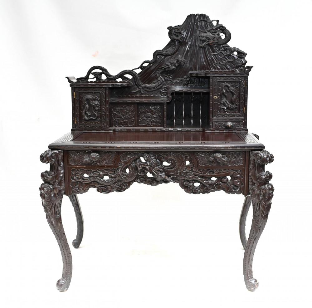 Carved Japanese Desk and Chair Set Bureau 1880 In Good Condition For Sale In Potters Bar, GB