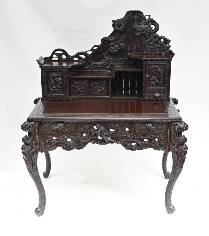 Hardwood Carved Japanese Desk and Chair Set Bureau 1880 For Sale