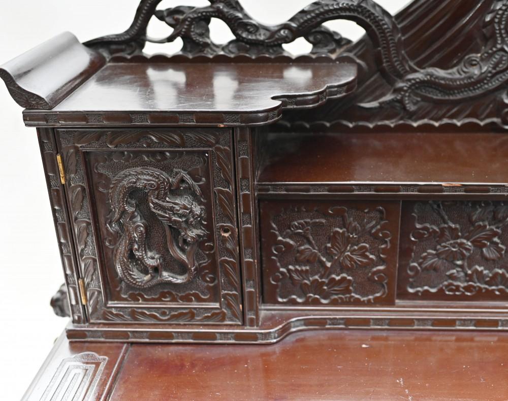 Carved Japanese Desk and Chair Set Bureau 1880 For Sale 1