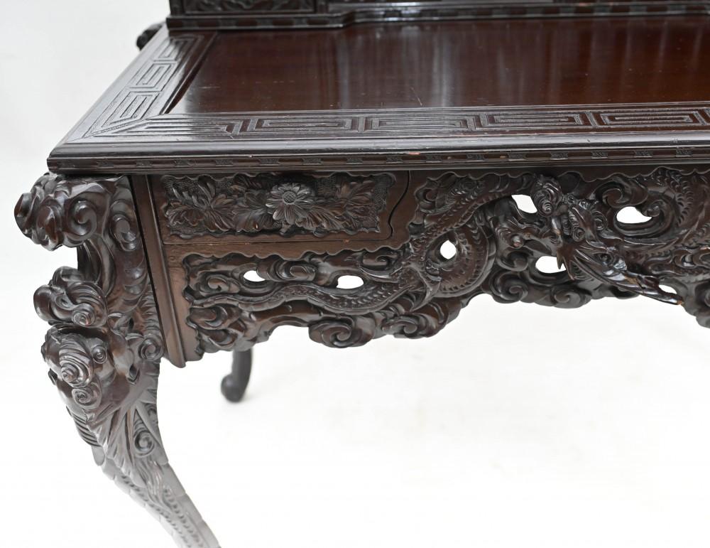 Carved Japanese Desk and Chair Set Bureau 1880 For Sale 3