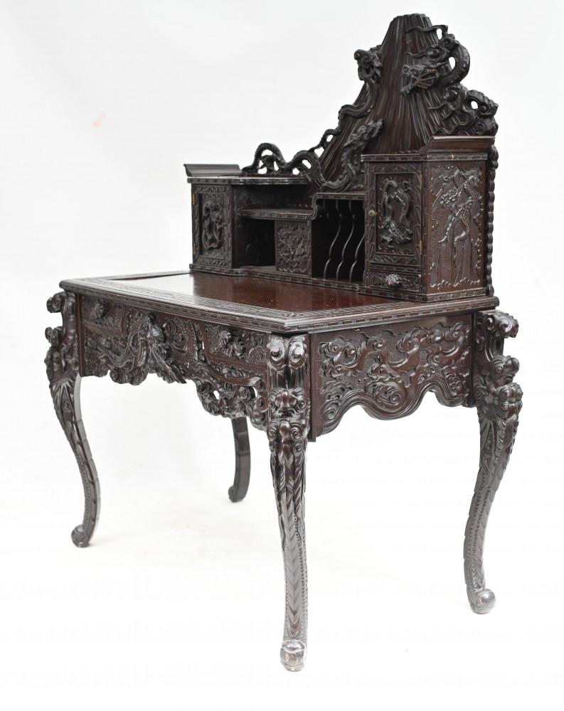 Carved Japanese Desk and Chair Set Bureau 1880 For Sale 4