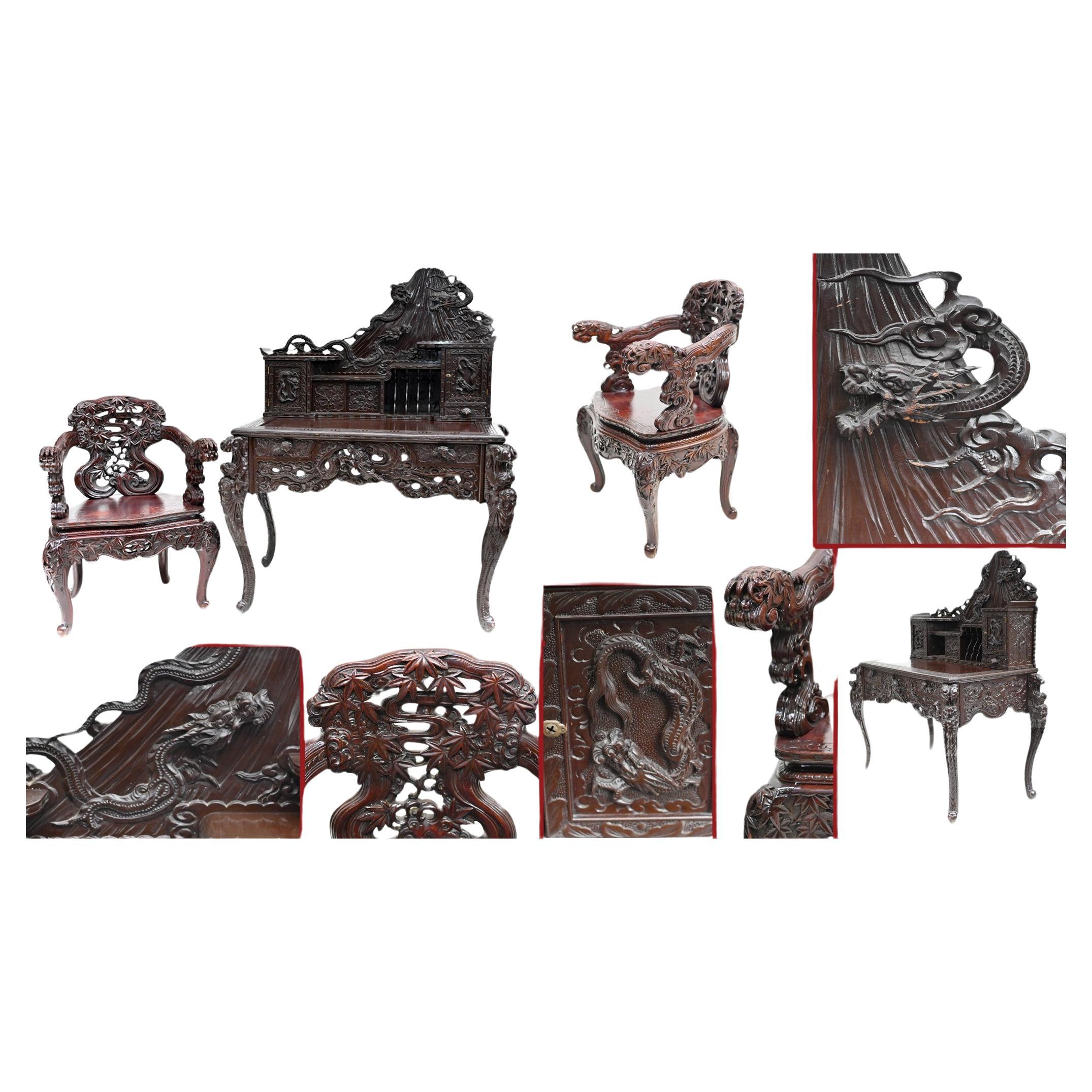 Carved Japanese Desk and Chair Set Bureau 1880 For Sale