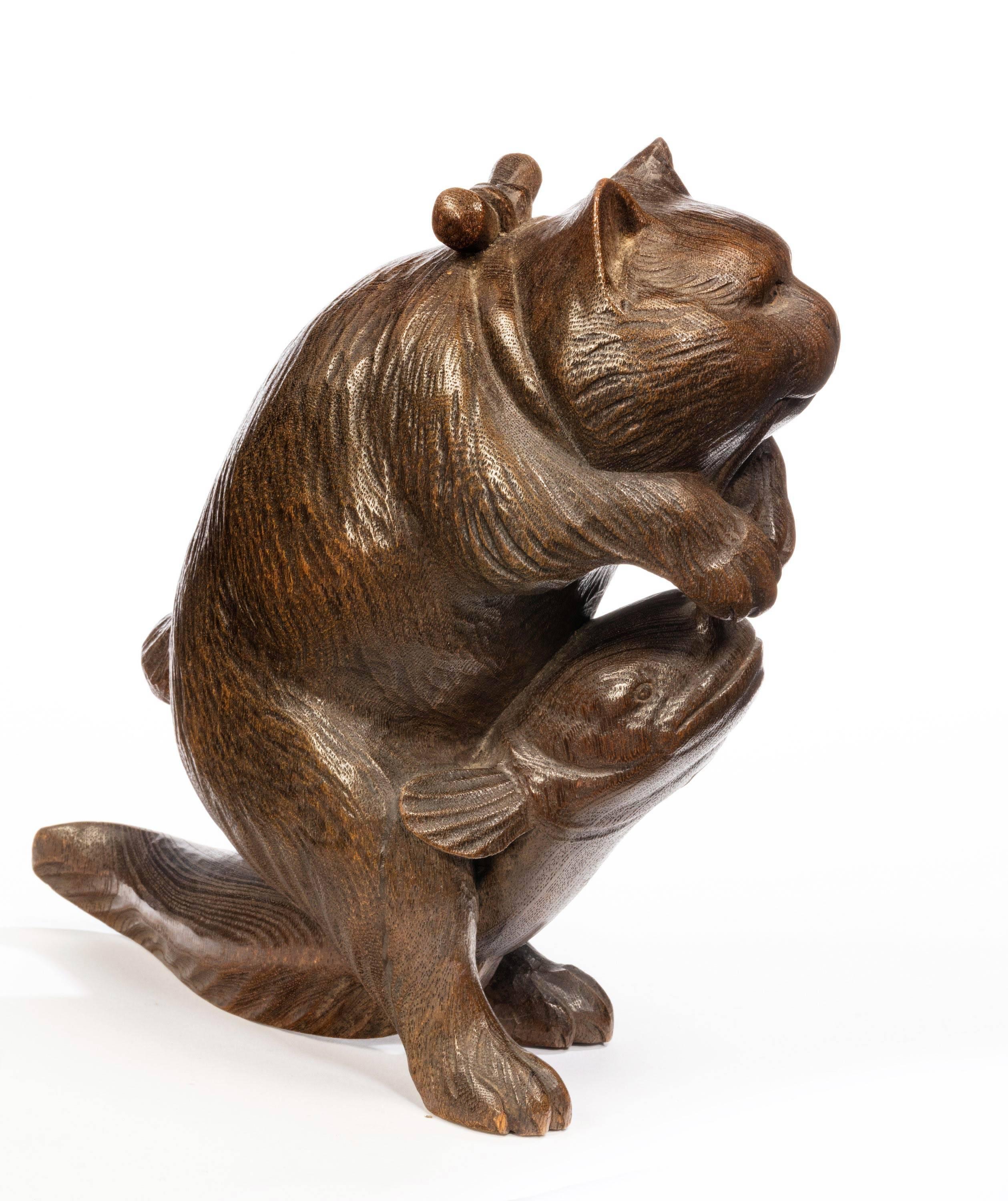 Carved Japanese Figure of a Cat Playing with a Dogfish In Excellent Condition In Peterborough, Northamptonshire