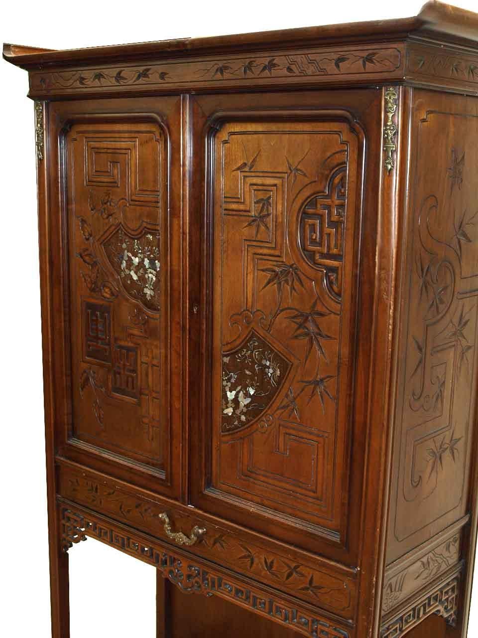 Late 19th Century Carved Japanese Inlaid Cabinet For Sale