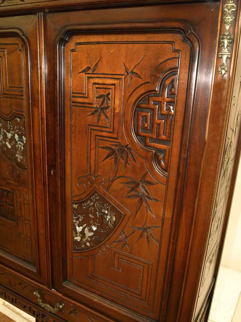 Brass Carved Japanese Inlaid Cabinet For Sale