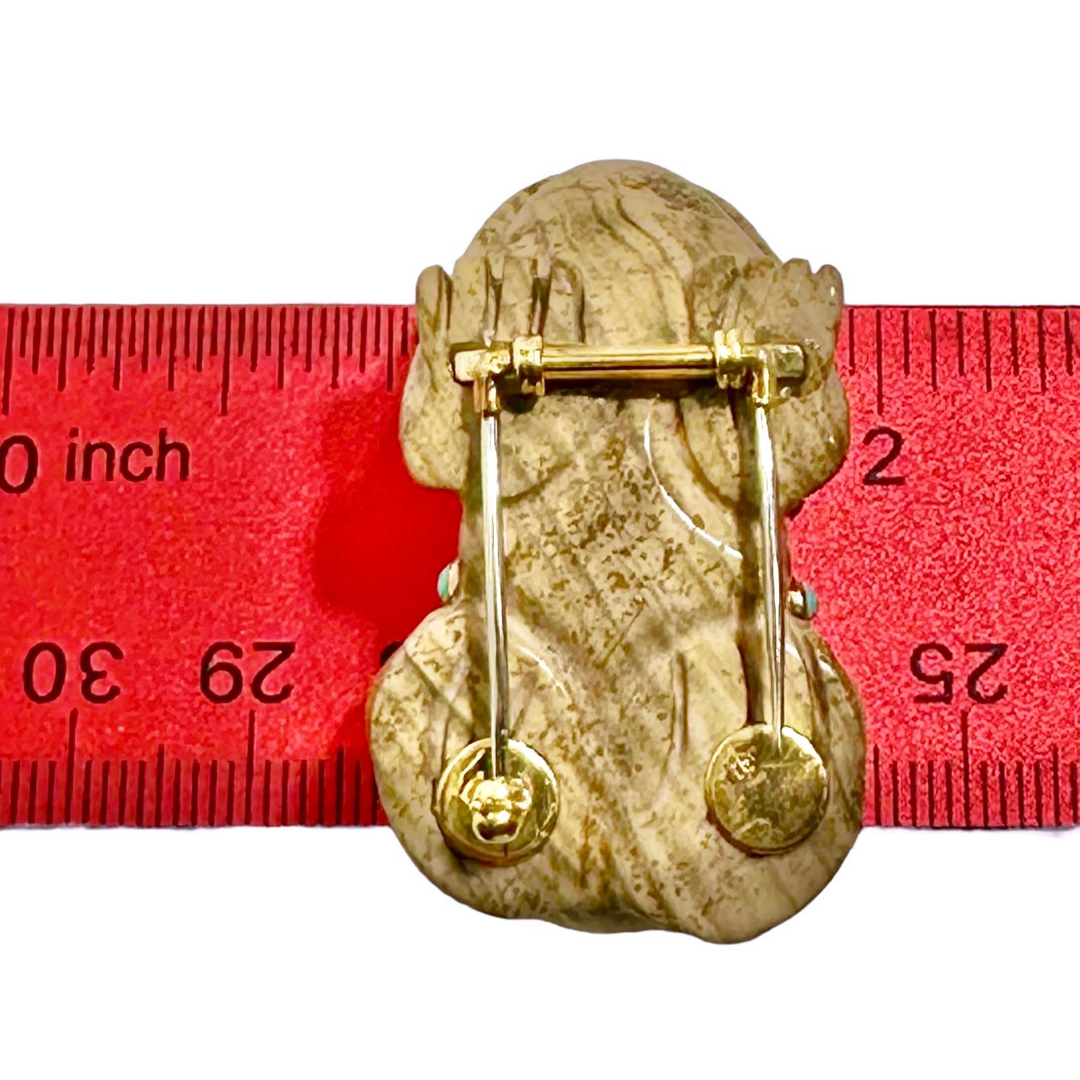 Carved Jasper Frog Brooch with Coral Eyes & Turquoise Accents in 18K Gold Bezels 4