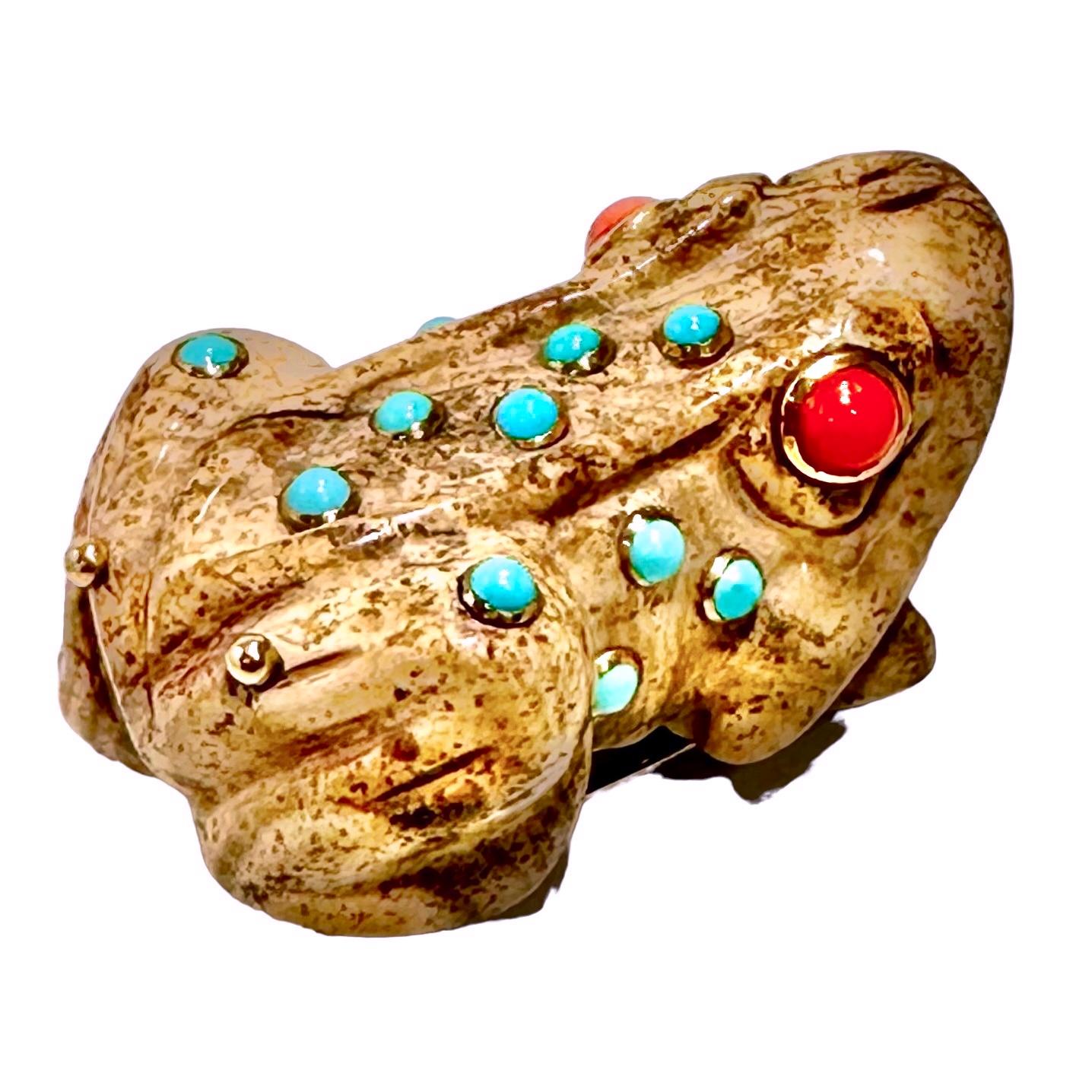 Modern Carved Jasper Frog Brooch with Coral Eyes & Turquoise Accents in 18K Gold Bezels