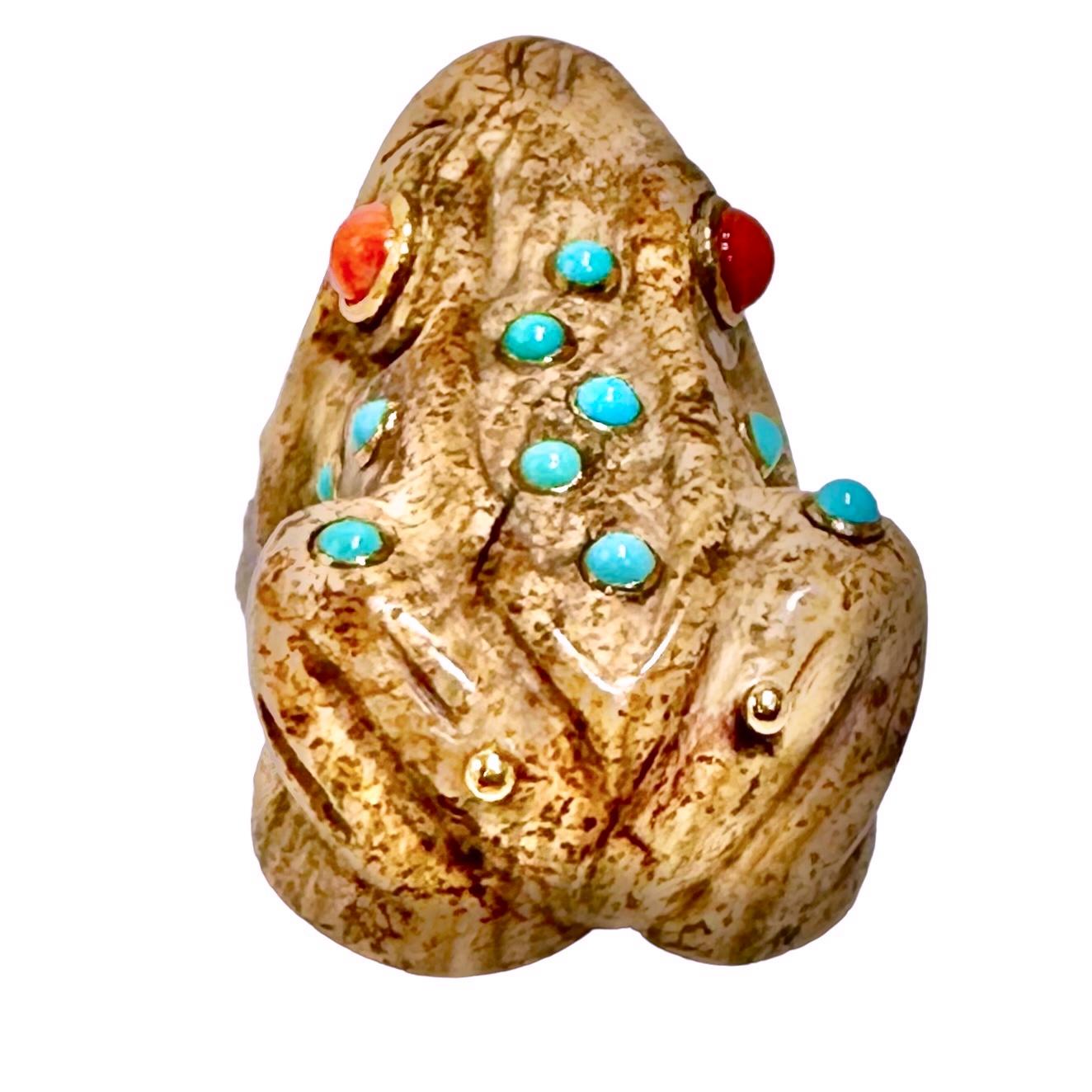 Cabochon Carved Jasper Frog Brooch with Coral Eyes & Turquoise Accents in 18K Gold Bezels