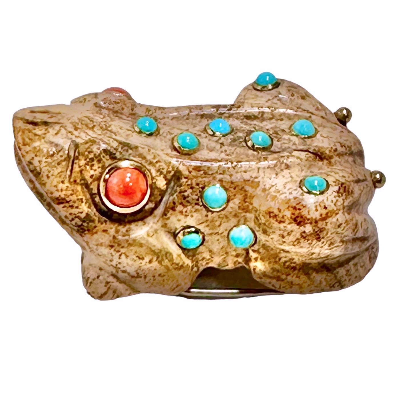 Women's or Men's Carved Jasper Frog Brooch with Coral Eyes & Turquoise Accents in 18K Gold Bezels